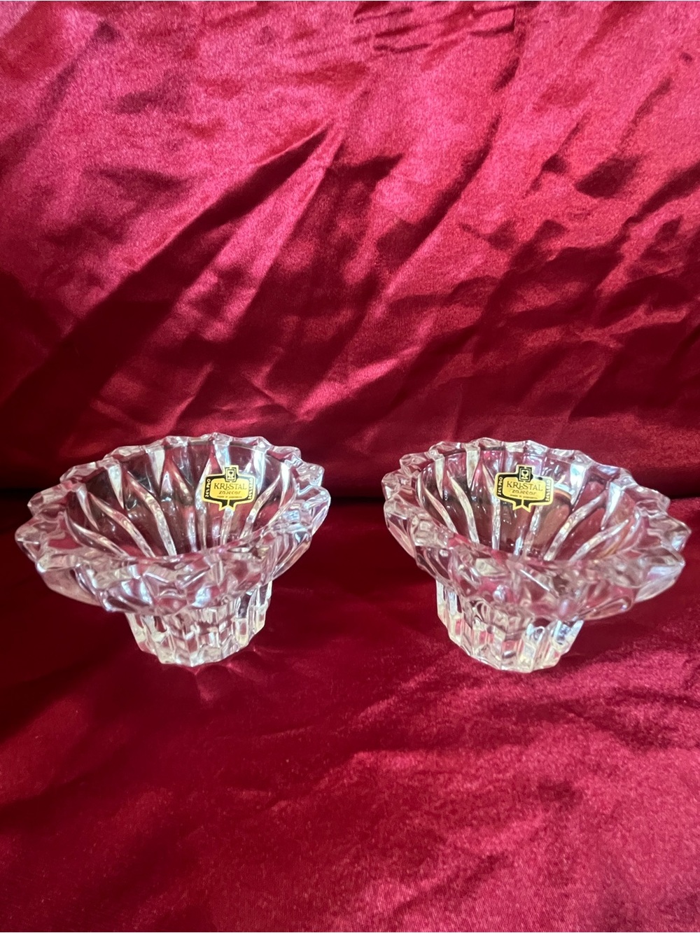 Vintage Kristal Zajecar Lead Crystal Scalloped Candle Holders Yugoslavia Set 2